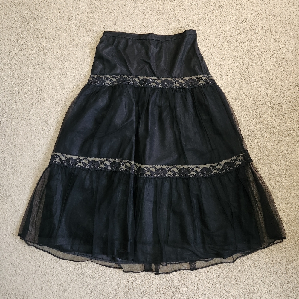 Victor Costa Black Whismigoth A-Line Skirt with Lace Accents